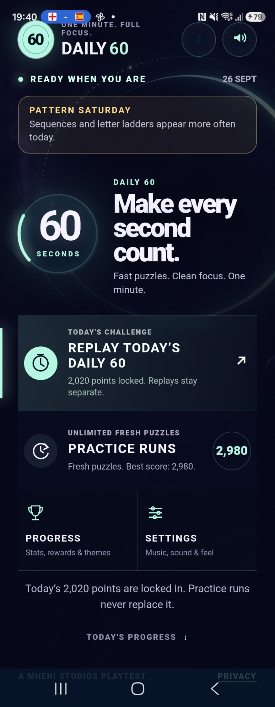 Daily 60 game lobby on an Android phone