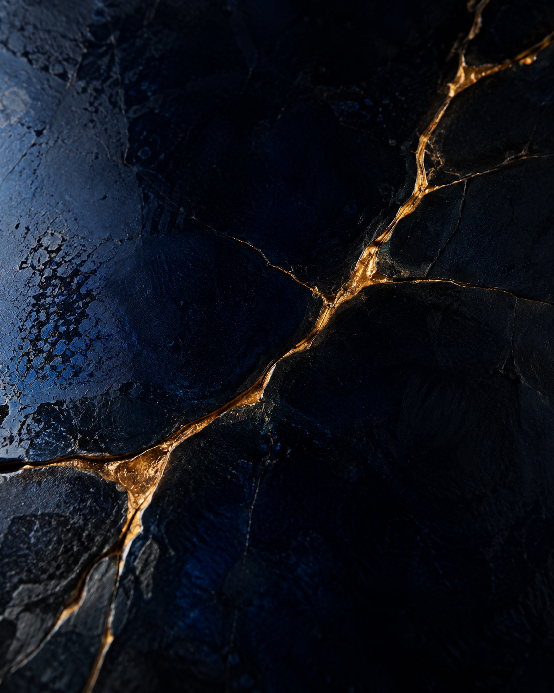 Deep indigo lacquer crossed by a fine amber seam